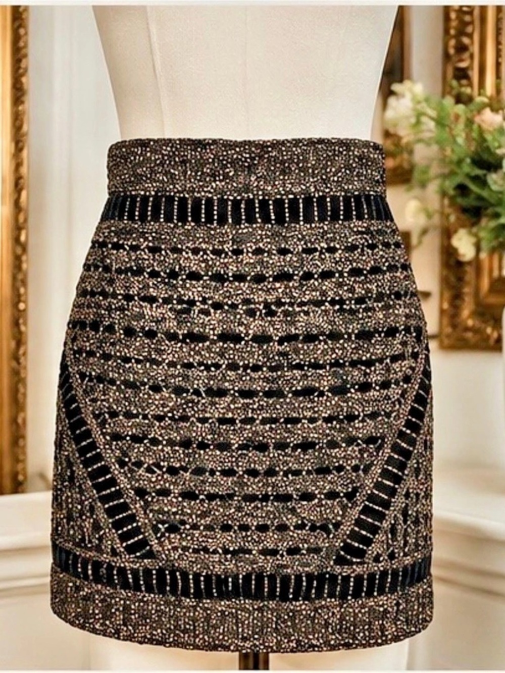 Maje Paris Metallic Bronze Gold Crochet Knit Mini Skirt FR 34 XS